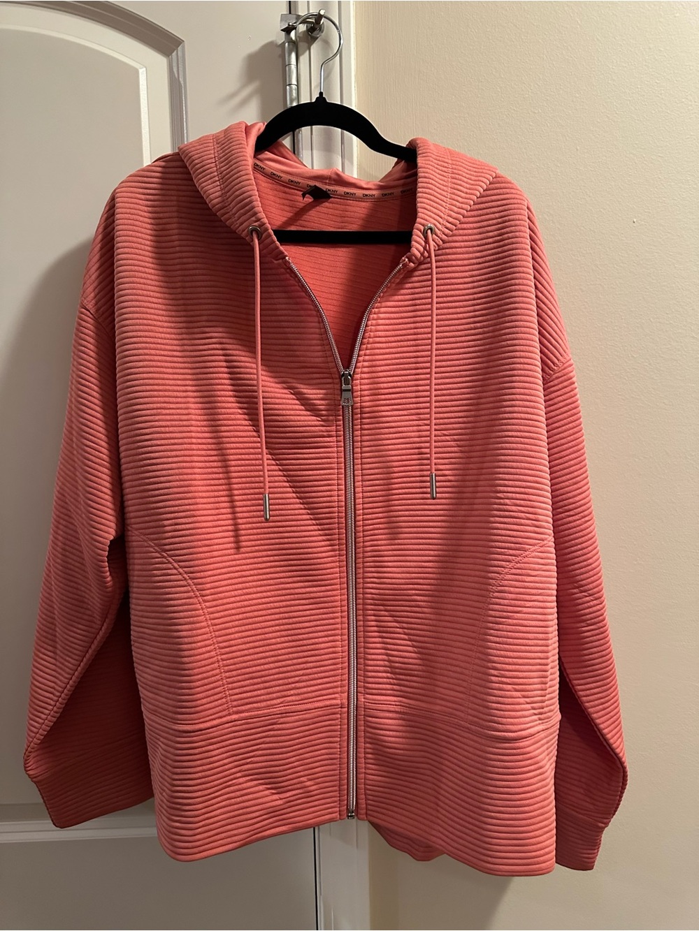 DKNY Coral Ribbed Zip-Up Hooded Bomber Jacket